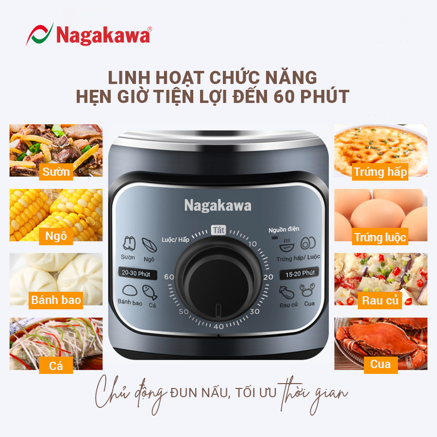 Nồi hấp điện inox đa năng Nagakawa NAG3310 (1300W - 11.8 Lít) - Hàng chính hãng