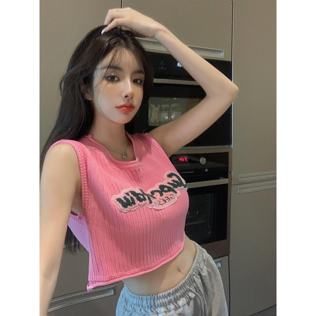 Áo len nữ Montoghi dệt kim Quảng Châu MÙA HÈ dáng croptop thêu chữ nổi xinh xắn