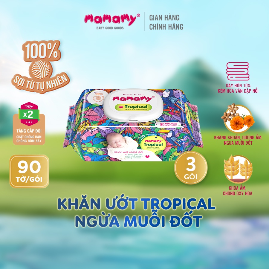 Khăn ướt Tropical Premium tinh dầu cúc vạn thọ/ không mùi - Combo 3 gói có nắp 90 tờ