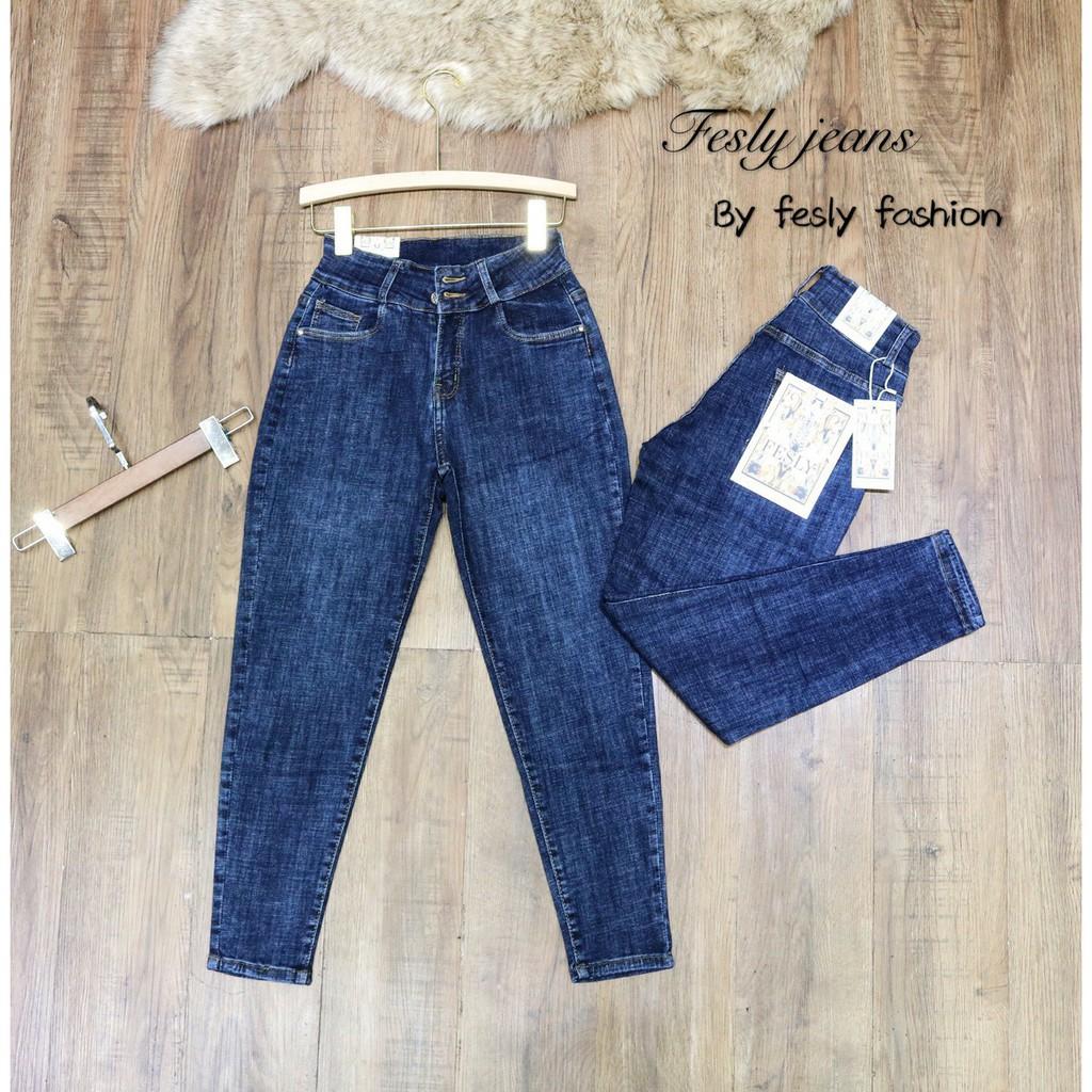 Quần Jeans Nữ Baggy Xanh Hai Khuy Cạp Cao