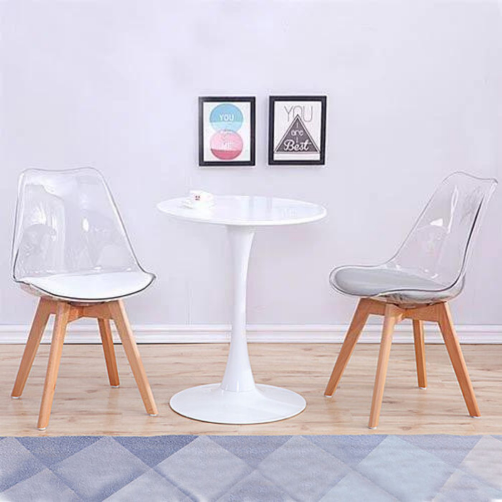 Bộ bàn tiếp khách 2 ghế Eames  thân nhựa trong suốt nệm PVC chân gỗ bàn chân trụ mặt tròn 60cm Bộ bàn ghế nhỏ gọn tiết kiệm diện tích SL TE TULIP 2-06W / DSW-PC3 Livingroom Compact Table Set