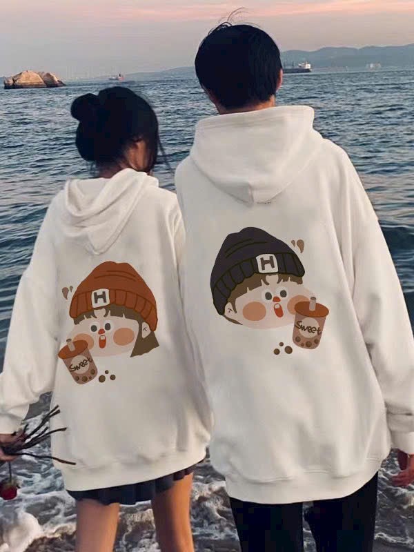 Áo Hoodie đôi in hình chó mèo kéo xích 4 màu chất nỉ cotton lót bông cao cấp form rộng unisex, Áo sweatshirt cặp nam nữ dáng rộng cổ tròn in hình gấu thời trang unisex Hàn Quốc