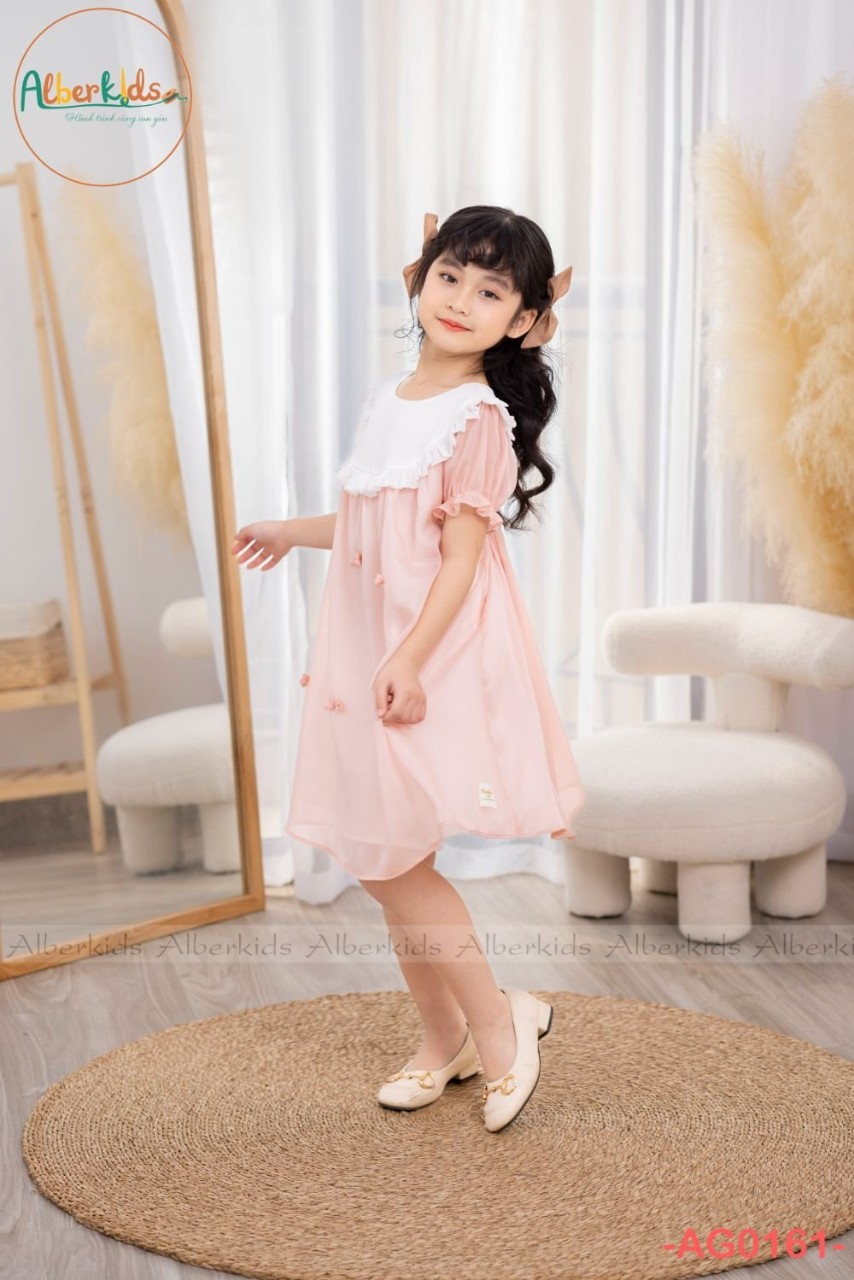 Váy hè cho bé gái, Đầm babydoll trẻ em 2-10 tuổi cổ điệu đính nơ vải tơ nhẹ hàng thiết kế kiểu dáng điệu đà