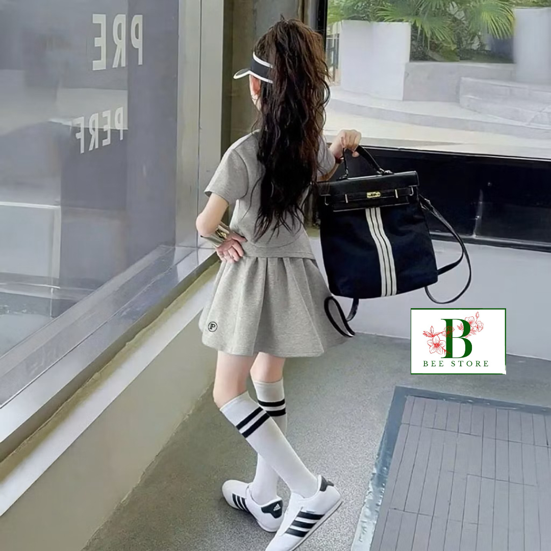 Set Váy Thể Thao Cotton 4C Áo Croptop Phối Chân Váy Xếp Ly Cá Tính Năng Động Từ 12-40 kg Dành Cho Bé Gái