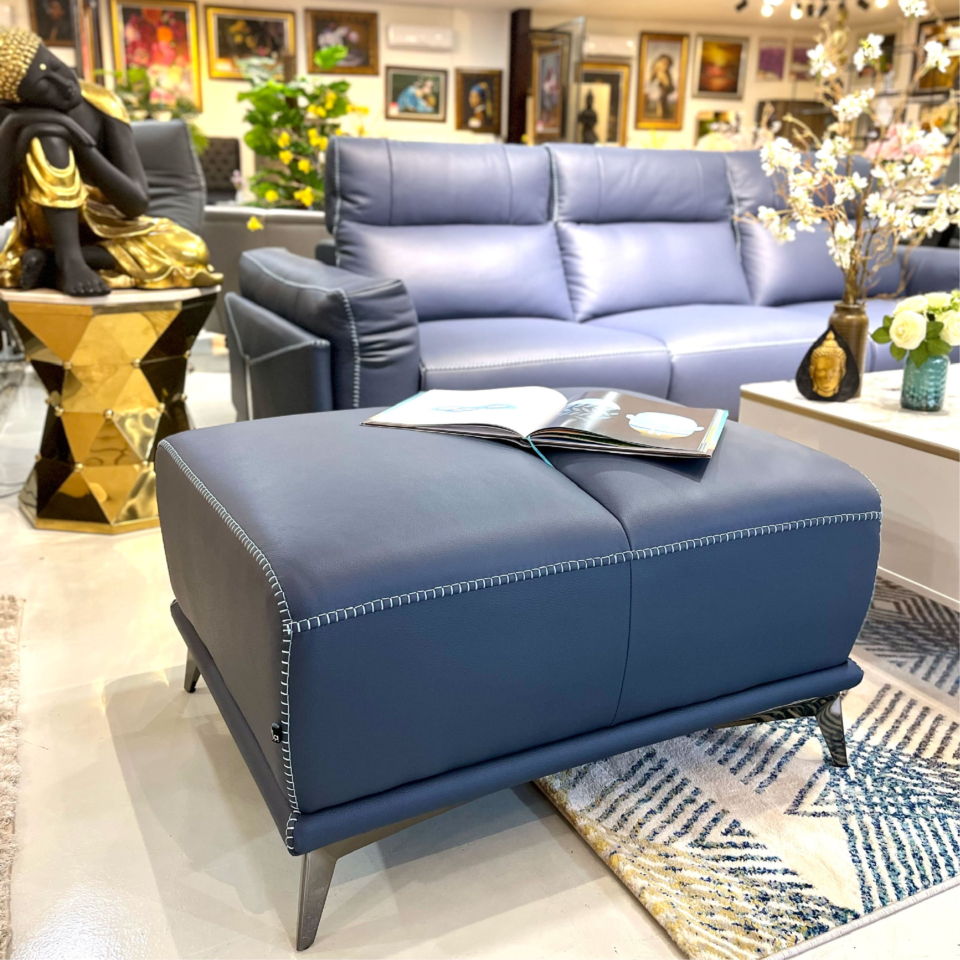 Đôn Sofa Da Bò Tiếp Xúc 1927 Xanh Navy Alila