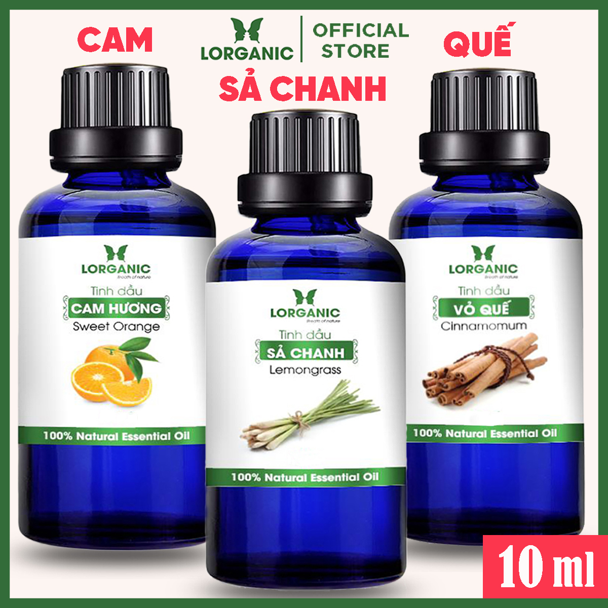 Combo 3 Tinh Dầu LORGANIC / Nhiều Mùi Hương / Xông Phòng Thư Giãn, Đuổi Muỗi / Sả Chanh, Vỏ Quế, Bạc Hà, Tràm, Cam, Vỏ Bưởi (10ml)