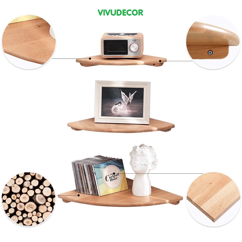 Kệ Treo Tường Vivudecor 100% Gỗ Tự Nhiên, Kệ Góc Tường 3 Tầng Tiện Ích Đa Năng Sang Trọng Chất Lượng Xuất Khẩu