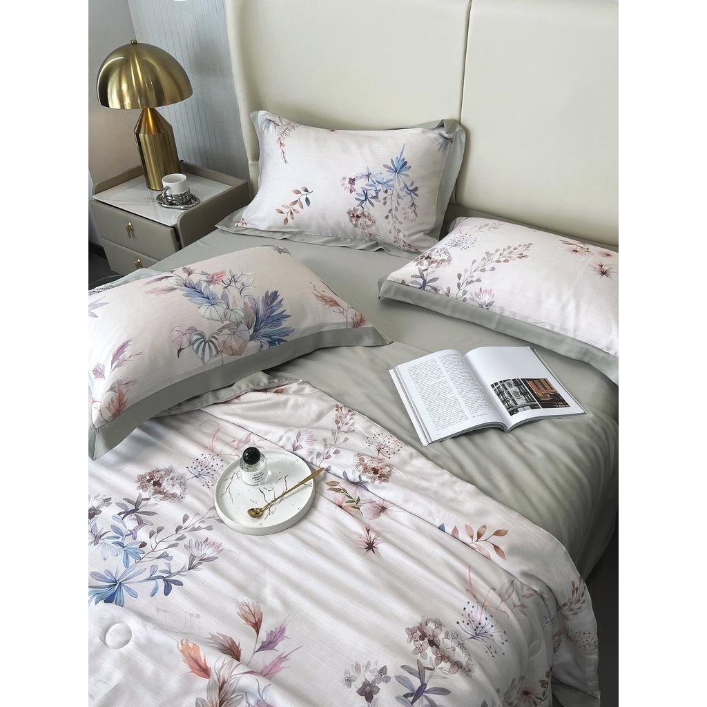 Bộ chăn ga gối cao cấp 100%Tencel 100s Digital Print, Set 4 món chăn chần hè phối ren siêu mềm mát mịn