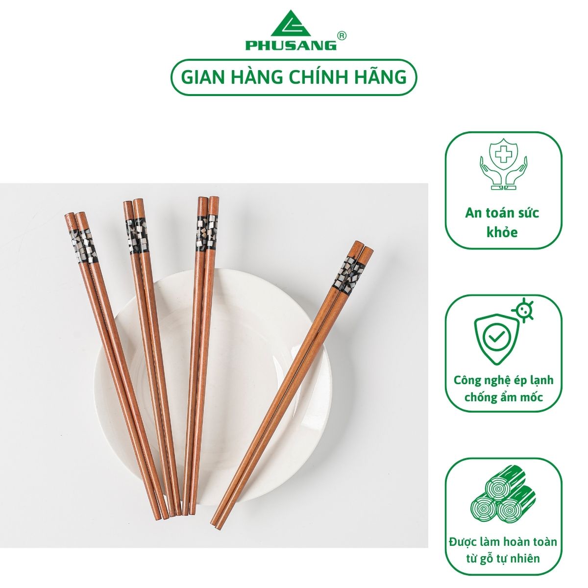 Bộ 10 đôi đũa khảm trai đỏ PHUSANG được làm từ gỗ tự nhiên không chất bảo quản dùng trong nhà khách sạn và bàn ăn