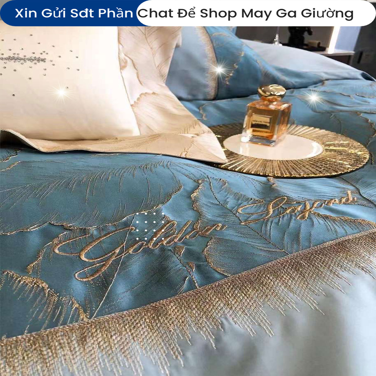 Bộ Chăn Ga Gối Đệm Lụa Tencel Golden 5 Món ANNA NGUYÊN Cao Cấp Chăn Chần Bông Lụa Mềm