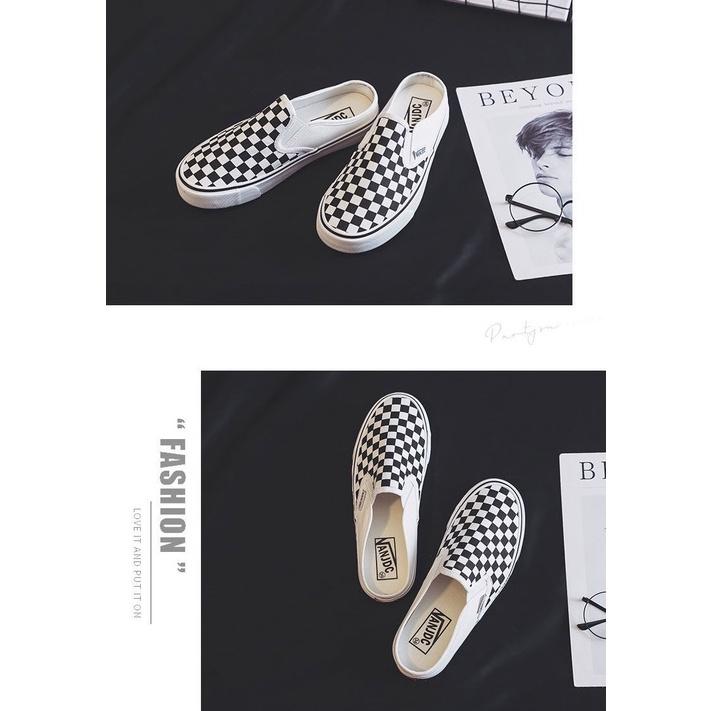 Giày Thể Thao Chzk016 Chất Liệu Vải Bố Họa Tiết Ca Rô Đen Trắng Phong Cách Hàn Quốc