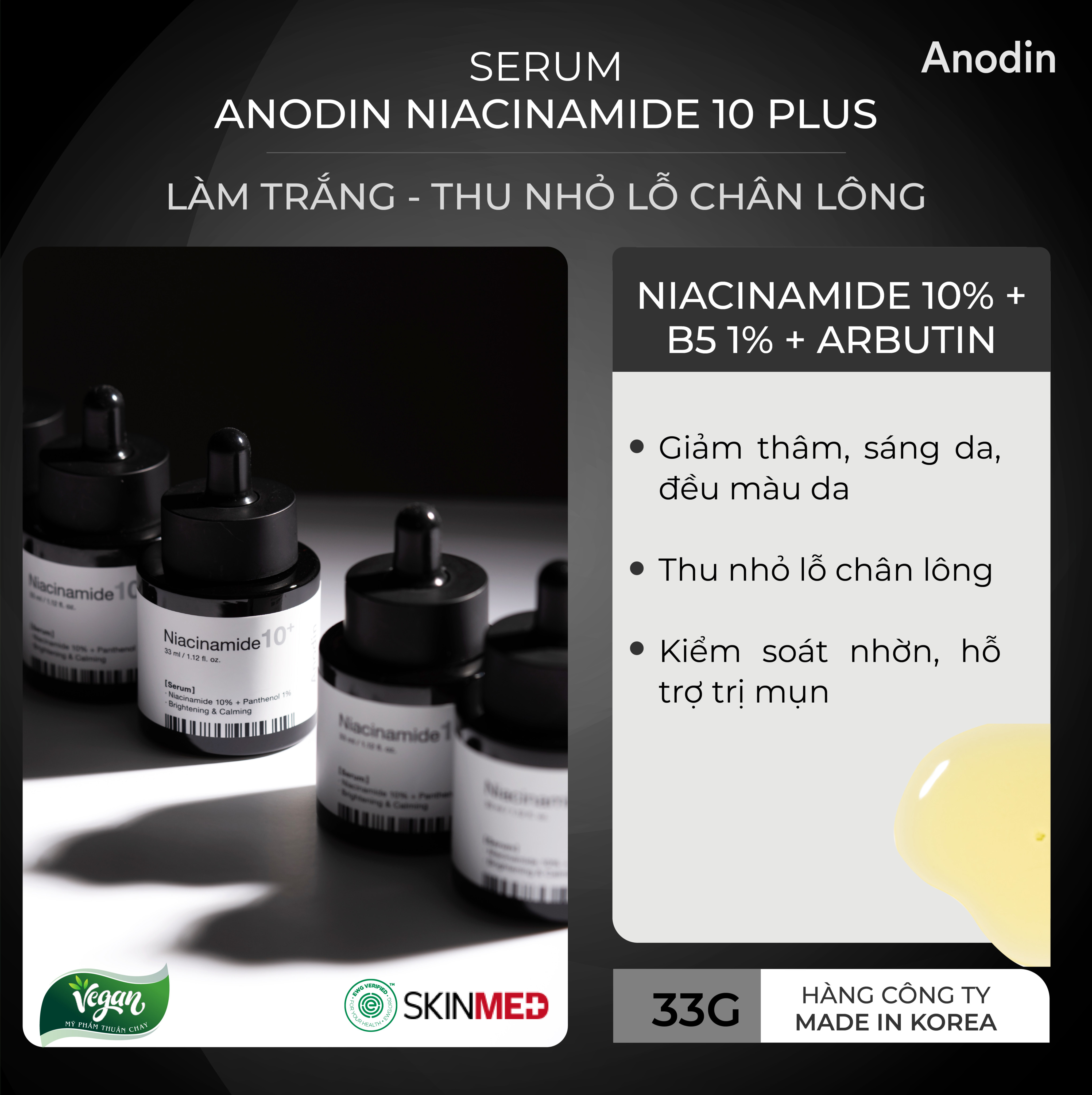 Serum làm trắng và thu nhỏ lỗ chân lông Anodin Niacinamide 10 Plus - Hàn Quốc Chính Hãng