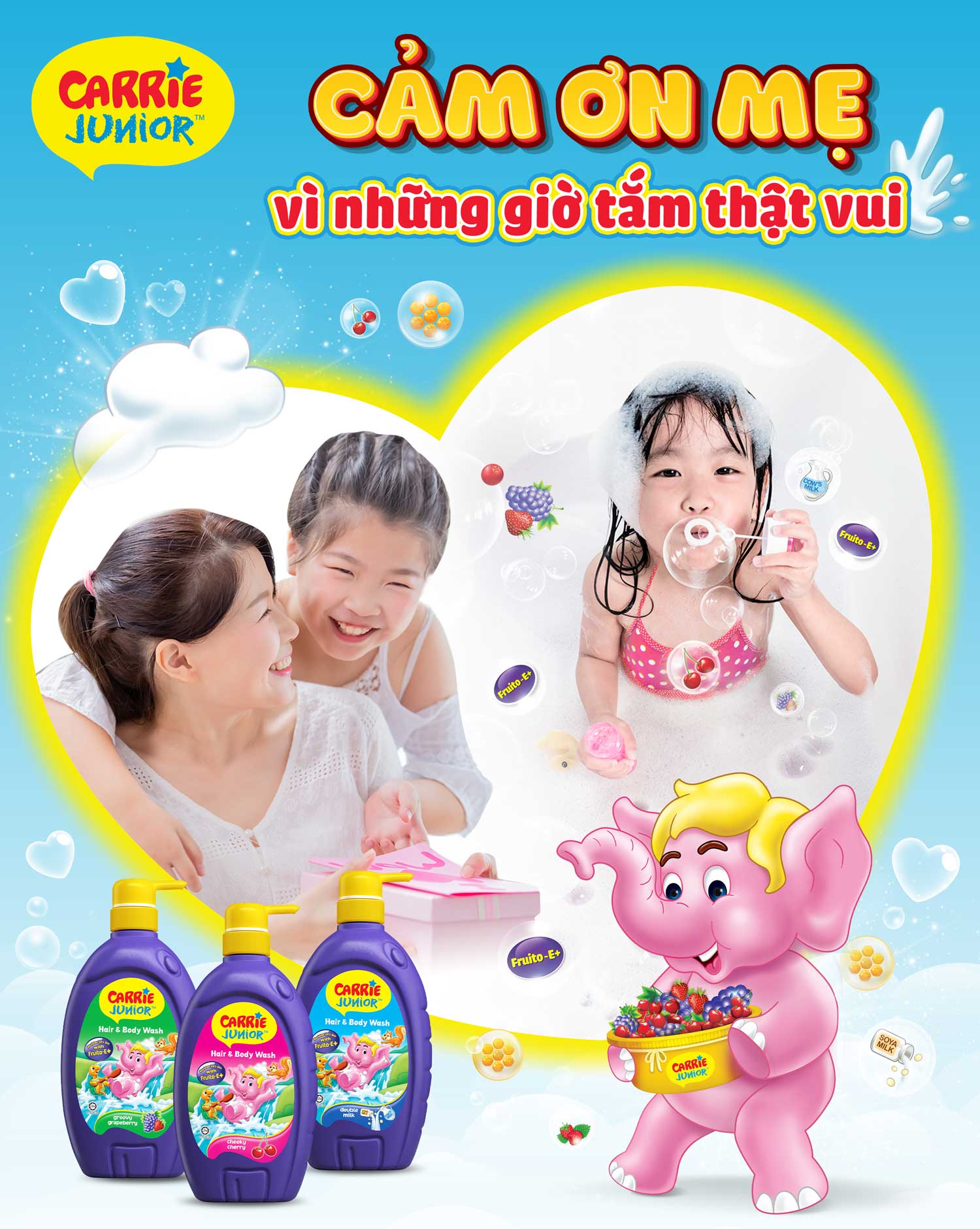 Sữa Tắm Gội cho bé Carrie Junior hương Tinh Chất Sữa 700g + Túi Đeo Hình Voi Bông