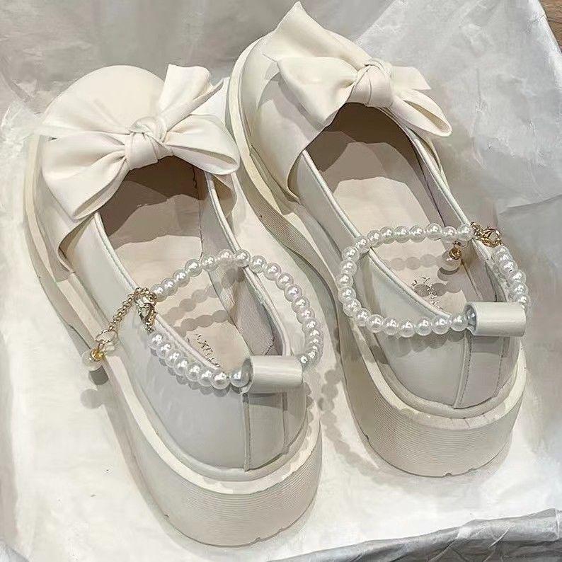 Giày Mary Jane chống trượt thắt nơ kiểu cổ tích đế độn dày khóa ngọc trai nhân tạo mùa hè 2022
