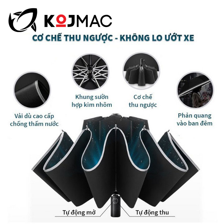 Ô Dù Tự Động Đóng Mở 2 Chiều KOJMAC Umbrella Smart- Hàng Nhập Khẩu ( Đẳng Cấp Tùy Chọn: Gấp Ngược Đi Ô tô Xe Hơi, Xếp Gọn Cao Che Mưa Thông Minh, Size Lớn 10 &amp; 12 Nan, Hai Lớp Chống Nắng UV ... Rất Thời Trang )