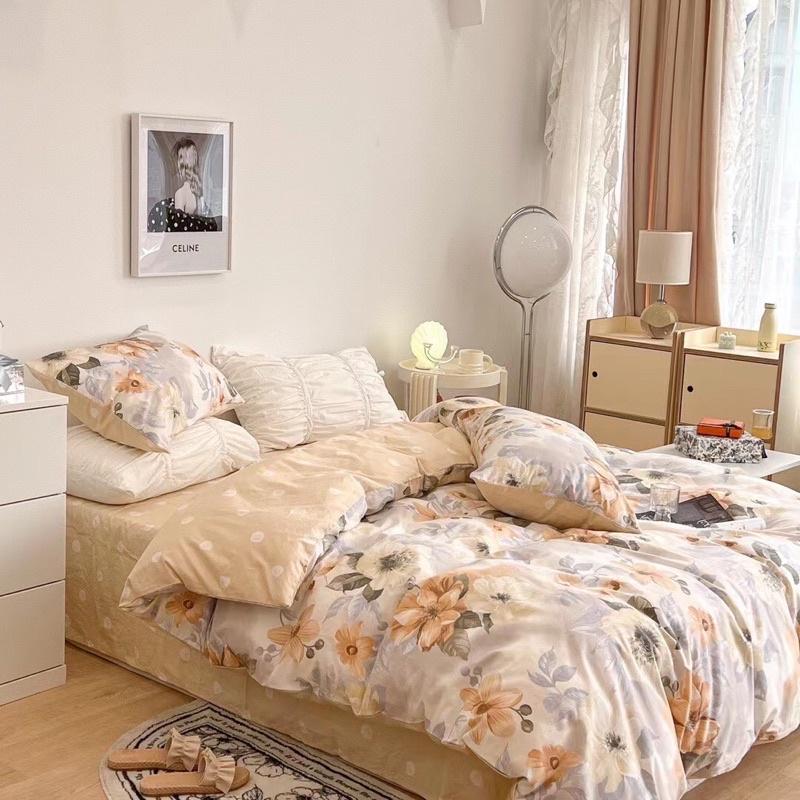 Bộ Chăn Ga Gối Cotton Living 100%cotton Hàng Nhập Khẩu Cao Cấp 4 Món Hoa Nâu