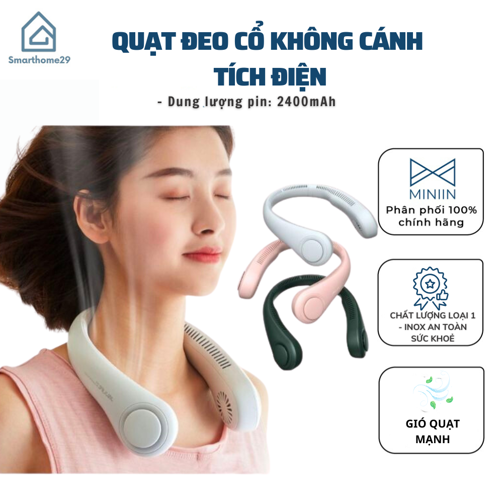 Quạt Đeo Cổ Tích Điện Mini Không Cánh Tiện Lợi, Quạt Quàng Cổ 3 Cấp Độ, Kiểu Dáng Thể Thao, Sạc USB - HÀNG CHÍNH HÃNG MINIIN