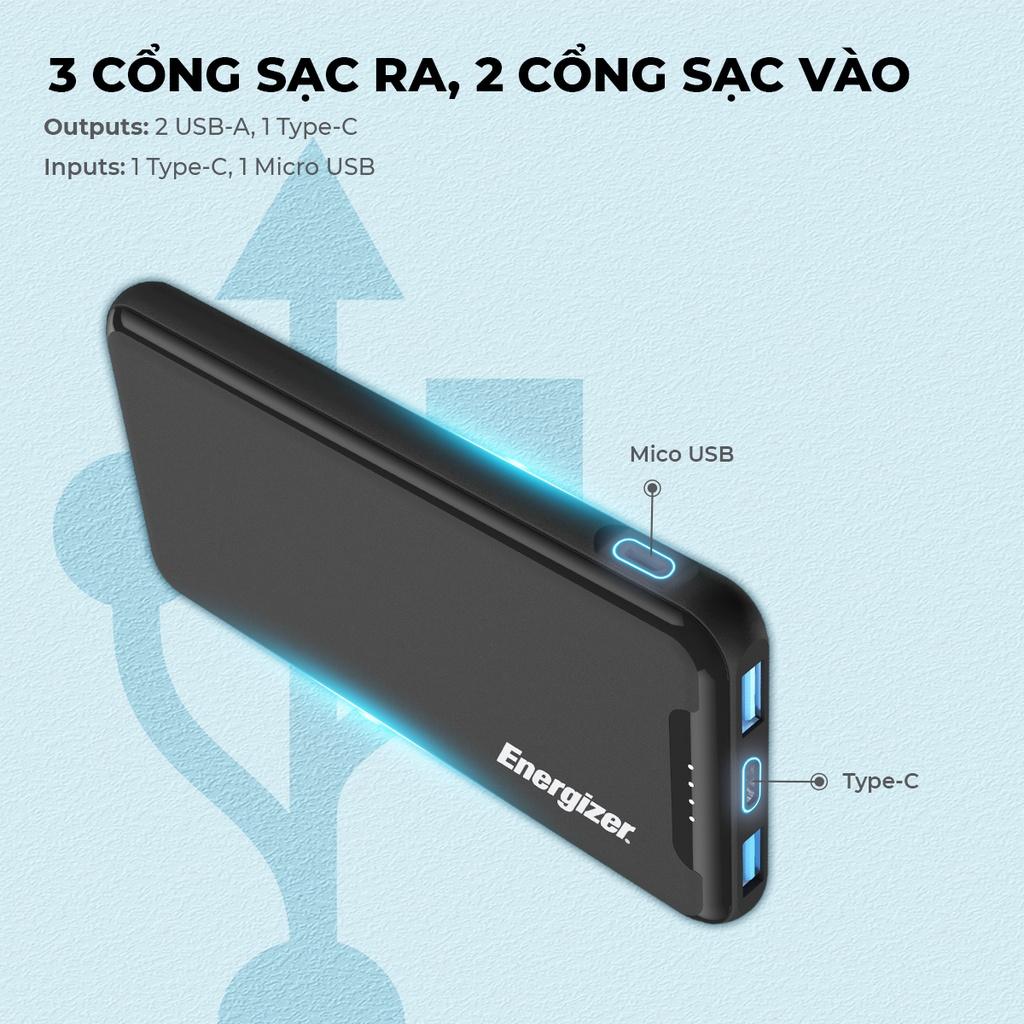 Sạc dự phòng Energizer 10000mAh UE10052PQ - 3 cổng sạc tiện lợi, tích hợp sạc nhanh 2 chiều - Hàng chính hãng