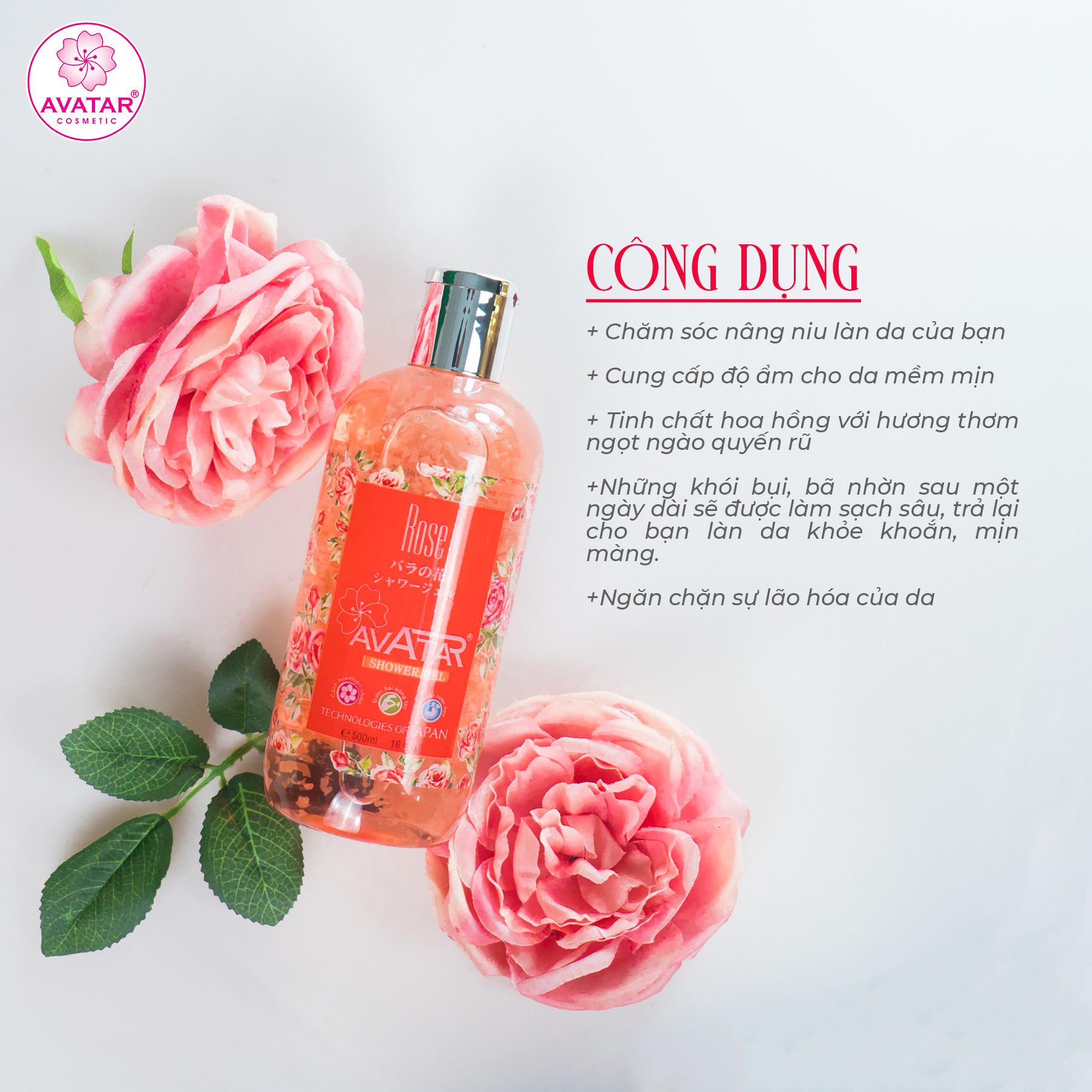 Sữa tắm Nhật cao cấp cánh hoa hồng 500ml- cánh hoa Rose nguyên chất giúp tươi trẻ làn da mịn màng, mềm mại và trắng hồng