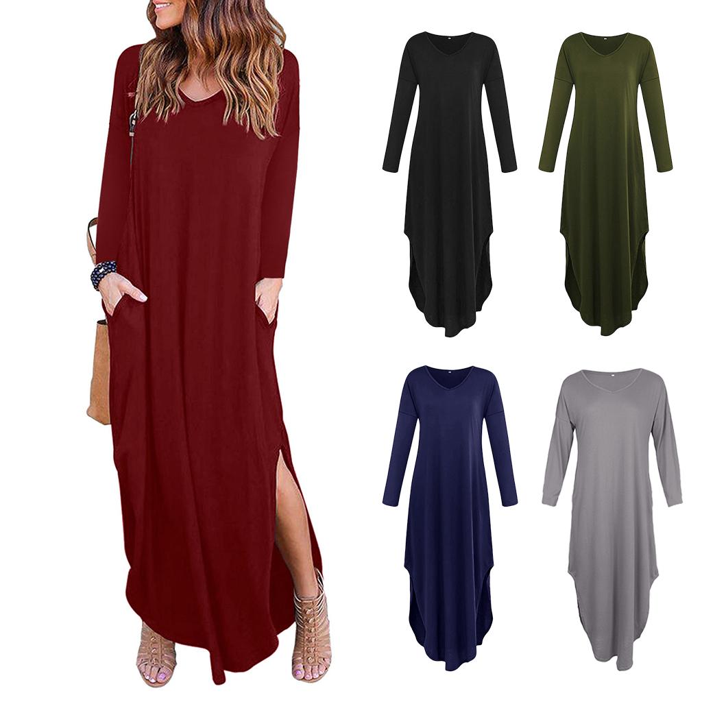 Women's V Neck Long Sleeve Side Pocket Split Beach Loose Long Maxi Dress