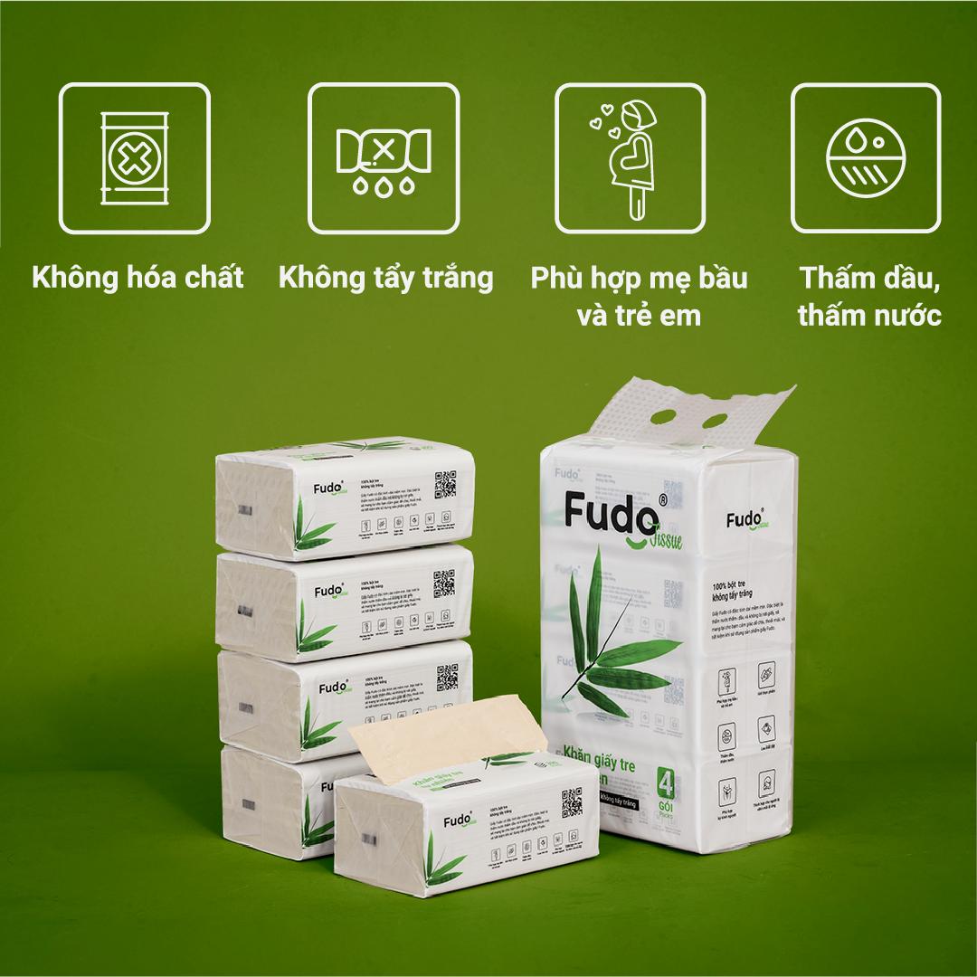 Khăn giấy tre Fudo - Bộ 8 gói giấy ăn (2 túi): 100% bột tre, không tạo mùi, không tẩy trắng