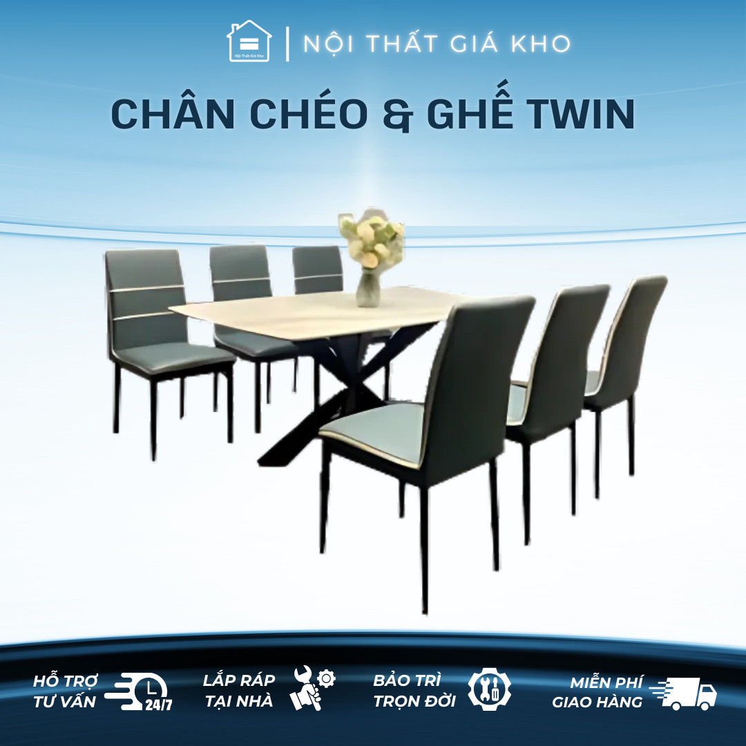 Bàn ăn mặt đá ceramic bóng trắng bóng, ghi bóng, pandora bóng kết hợp ghế Twin, Bàn ăn 4 ghế, 6 ghế , 8 ghế