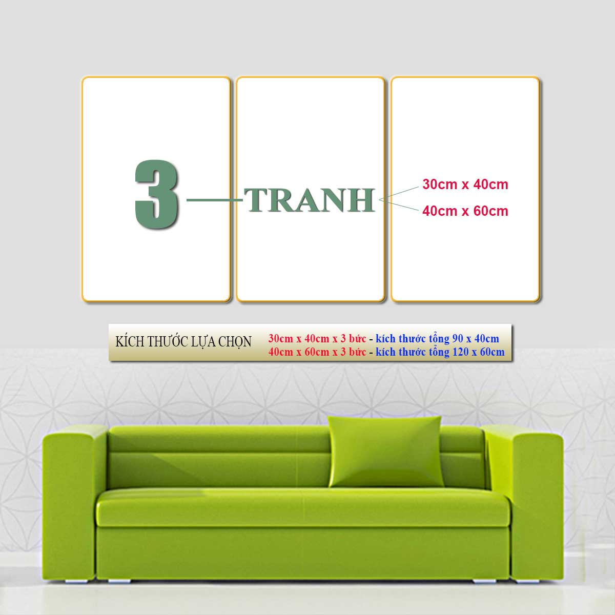 Bộ tranh treo tường 3 tấm trang trí phòng khách, phòng ngủ phong cách mỹ thuật hiện đại chất liệu cán pvc gương:4403L15