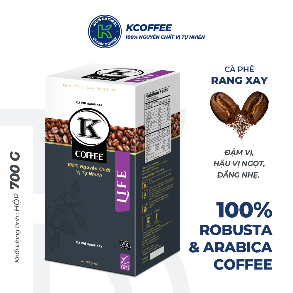 Cà phê rang xay KCoffee 100% Robusta Arabica nguyên chất K-LIFE (700g/Hộp)