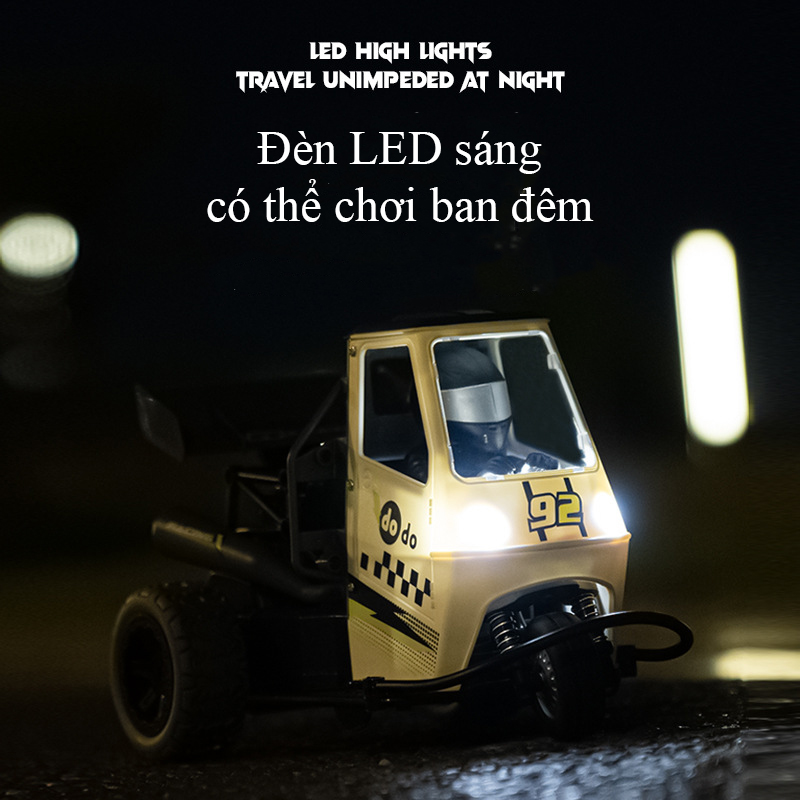 Đồ chơi xe điều khiển từ xa Tuk Tuk có âm thanh, đèn servo điều tốc kết hợp nhả khói tần số 2.4 Ghz tỷ lệ 1:16
