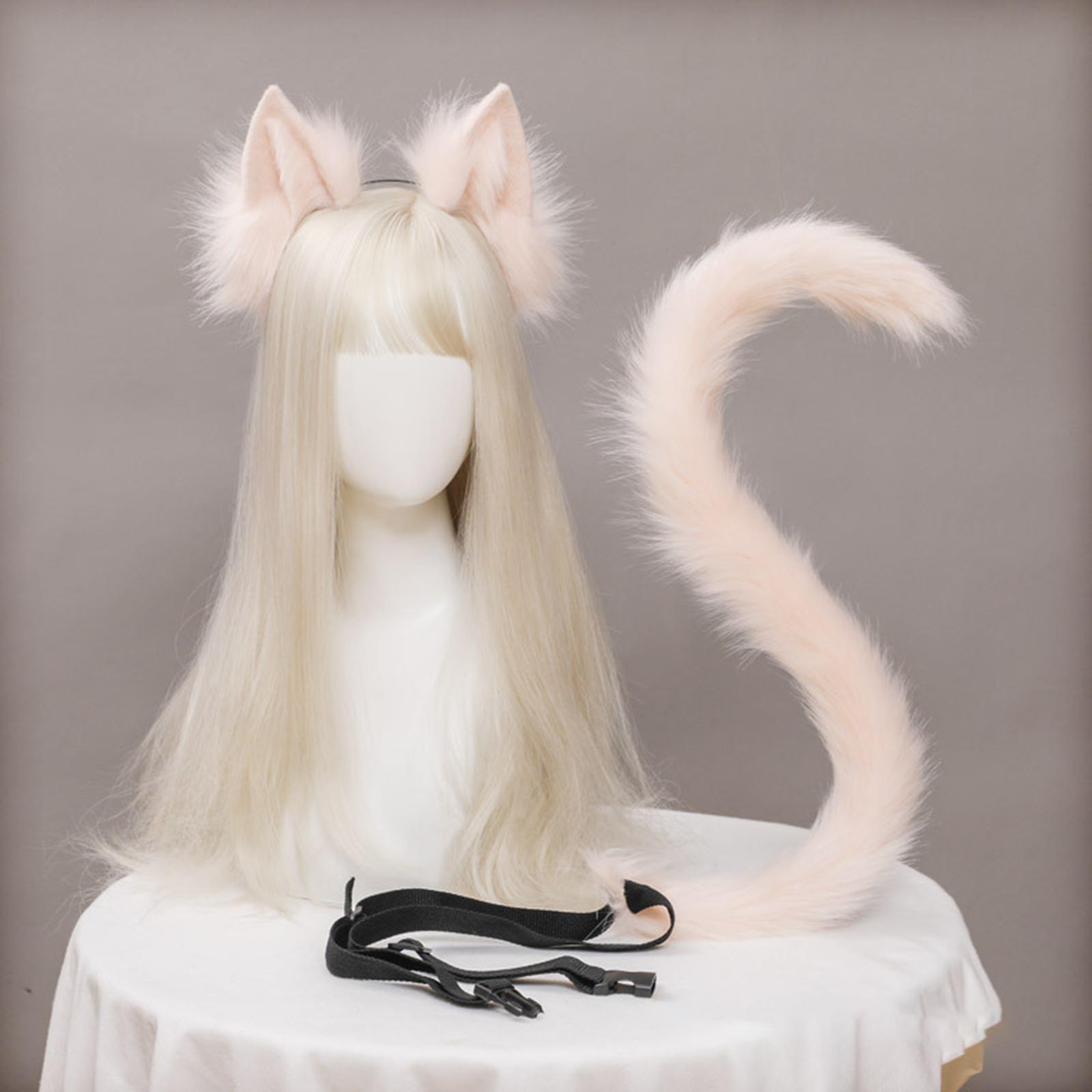 2 Pieces Plush Cat Ears Hair Hoop Faux Long Tail Women Girl Headwear Lovely Lolita Headband for Anime Cosplay Prop Christmas Fancy Dress