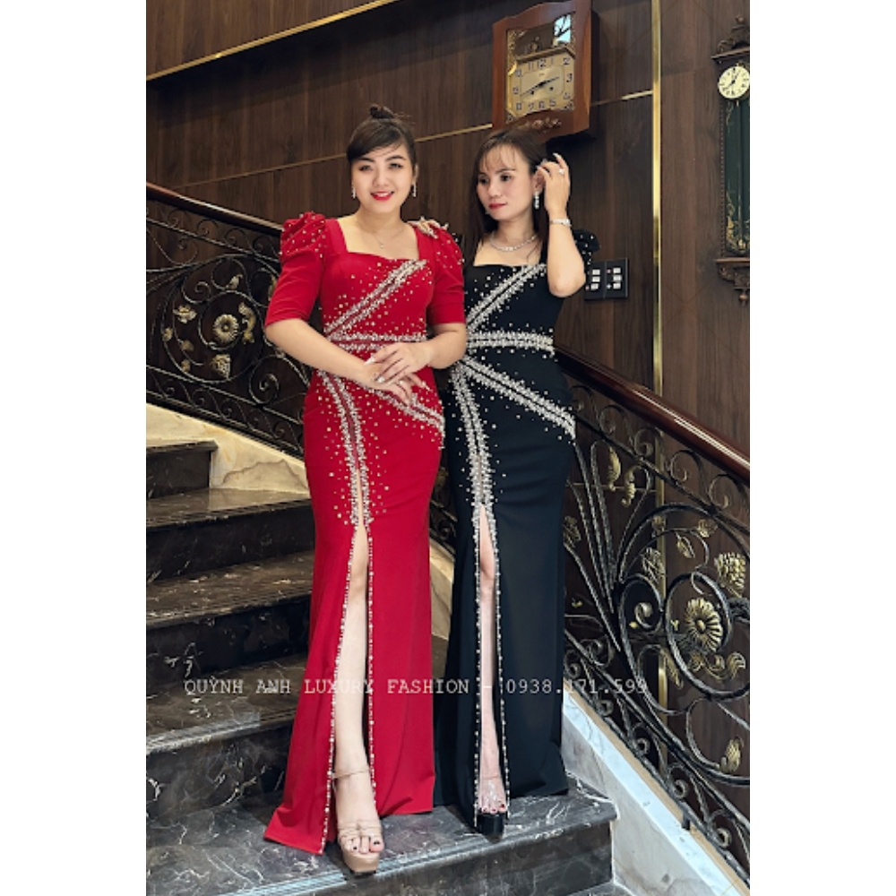 Đầm Dạ Hội Đỏ Ngọc Trai Pha Lê Sang Trọng Cao Cấp Gloria Dress