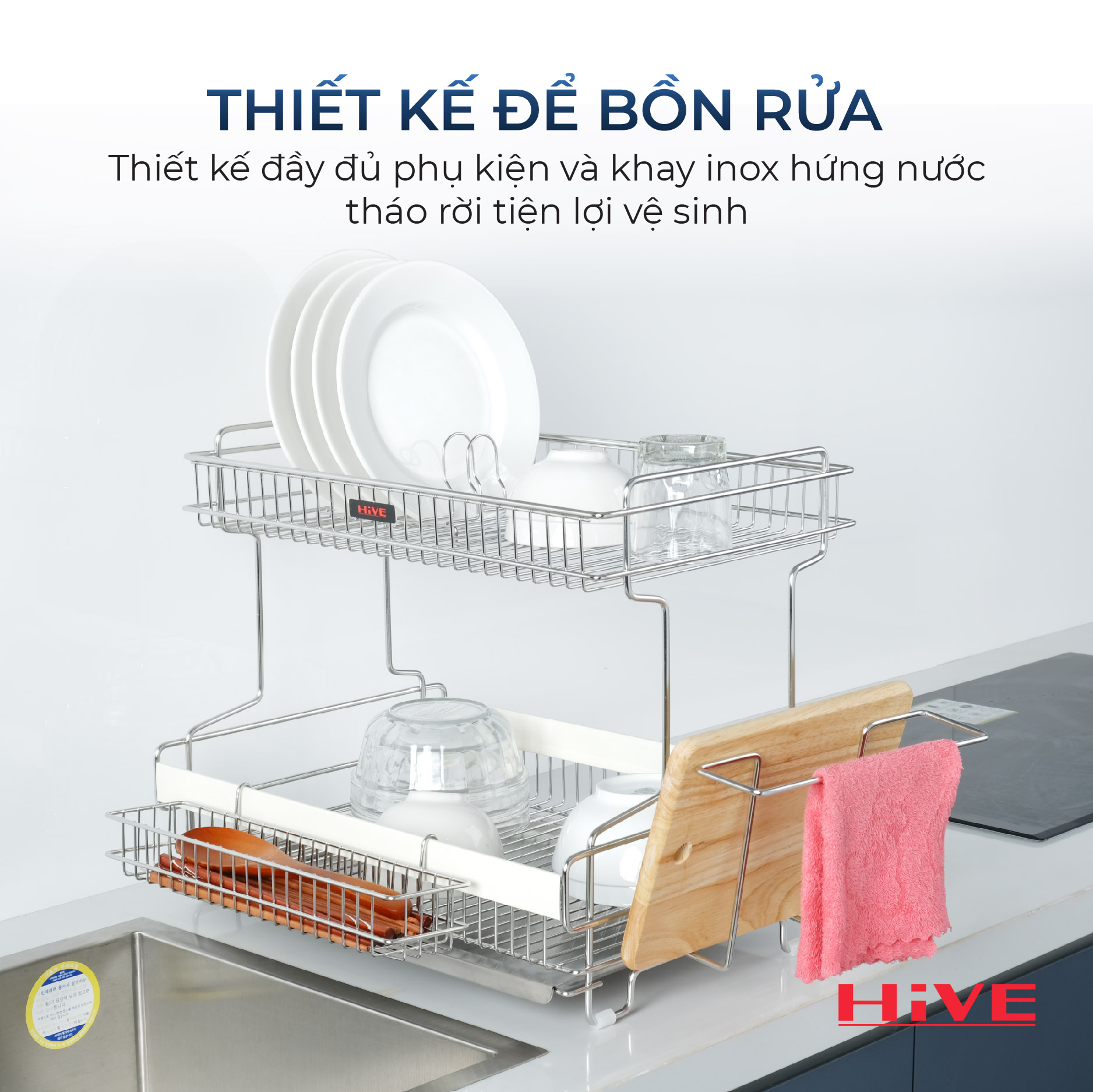 Giá úp chén bát HiVE ALC 2 tầng White inox Hàn Quốc cao cấp