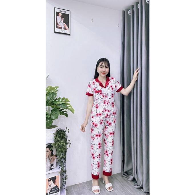 Bộ Pijama Nữ Tay Ngắn, Quần Dài Chất Lụa Nhật Cao Cấp Mềm Mịn, Họa Tiết Thiết Kế Phối Màu sang trọng