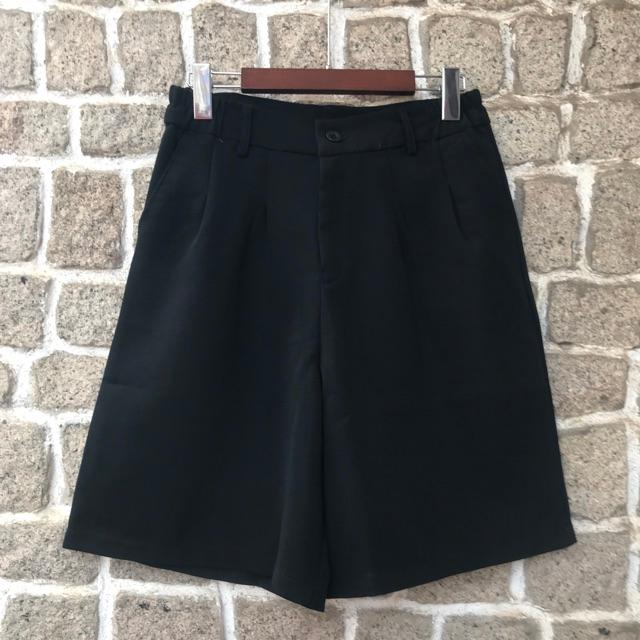 Quần short ống rộng CRQ023 nam - nữ cạp cao lưng thun màu đen