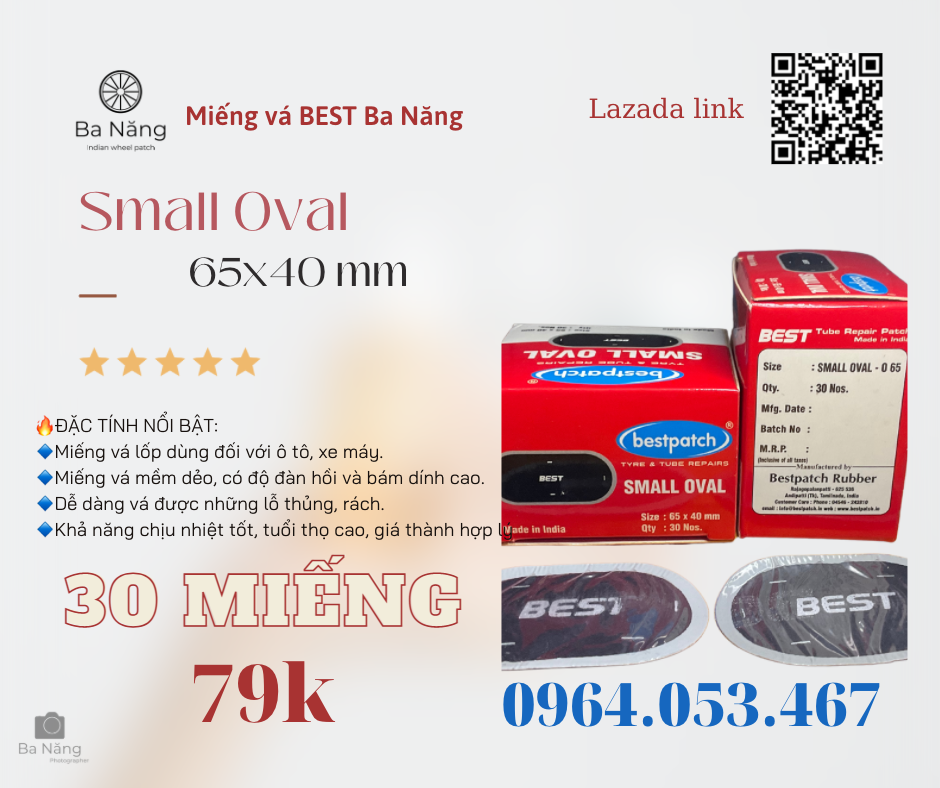 Miếng vá vỏ săm lốp xe máy, ôtô BEST hình Oval - 65x40mm