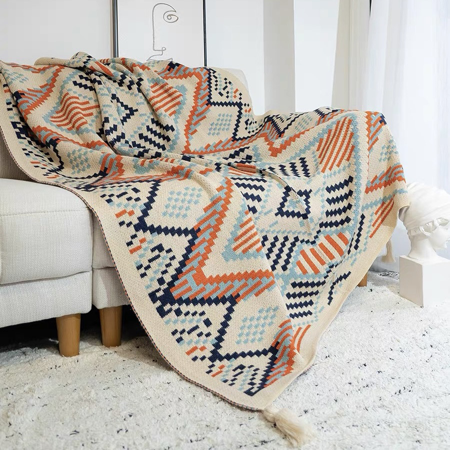 Chăn mềm nhập khẩu CAO CẤP, Chăn phủ sofa, Chăn cắm trại ngoài trời, Thảm thổ cẩm phong cách Bohemian dệt kim giữ ấm toàn thân đa chức năng