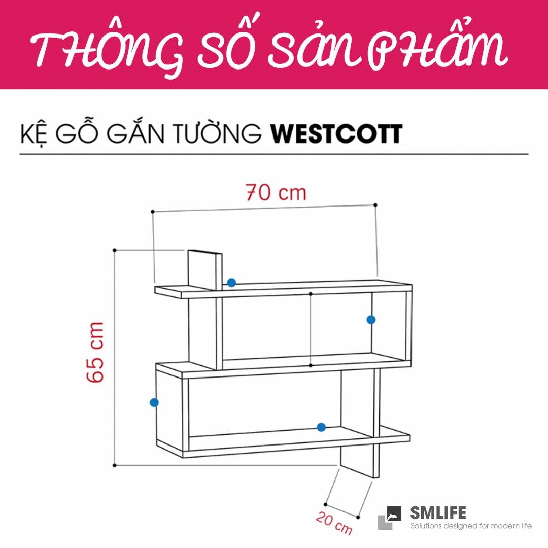 Kệ gỗ treo tường trang trí hiện đại SMLIFE Westcott  | Gỗ MDF dày 17mm chống ẩm | D70xR20xC65cm - Màu