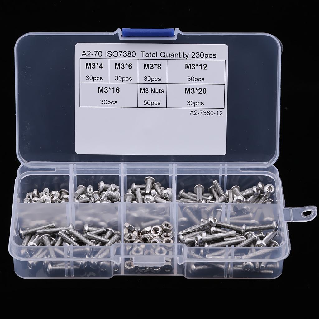 230 Pieces M3 Stainless Steel Button Head Hex Socket Screw & Hex Nuts Kit with Plastic Box