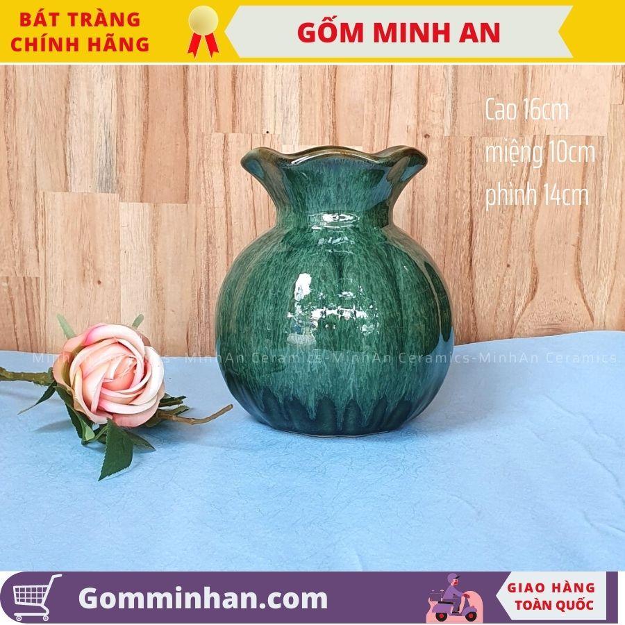 Bình Hoa Lọ Hoa Nhỏ Thấp Màu Xanh Miệng Lượn Men Hỏa Biến, Men Ngọc Lưu Ly- Gốm Sứ Bát Tràng- Gốm Minh An