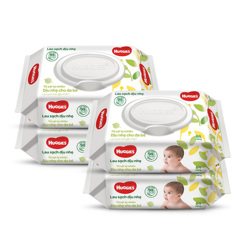 Combo 4 Gói Khăn giấy ướt cho trẻ sơ sinh Huggies không mùi, gói 64 tờ