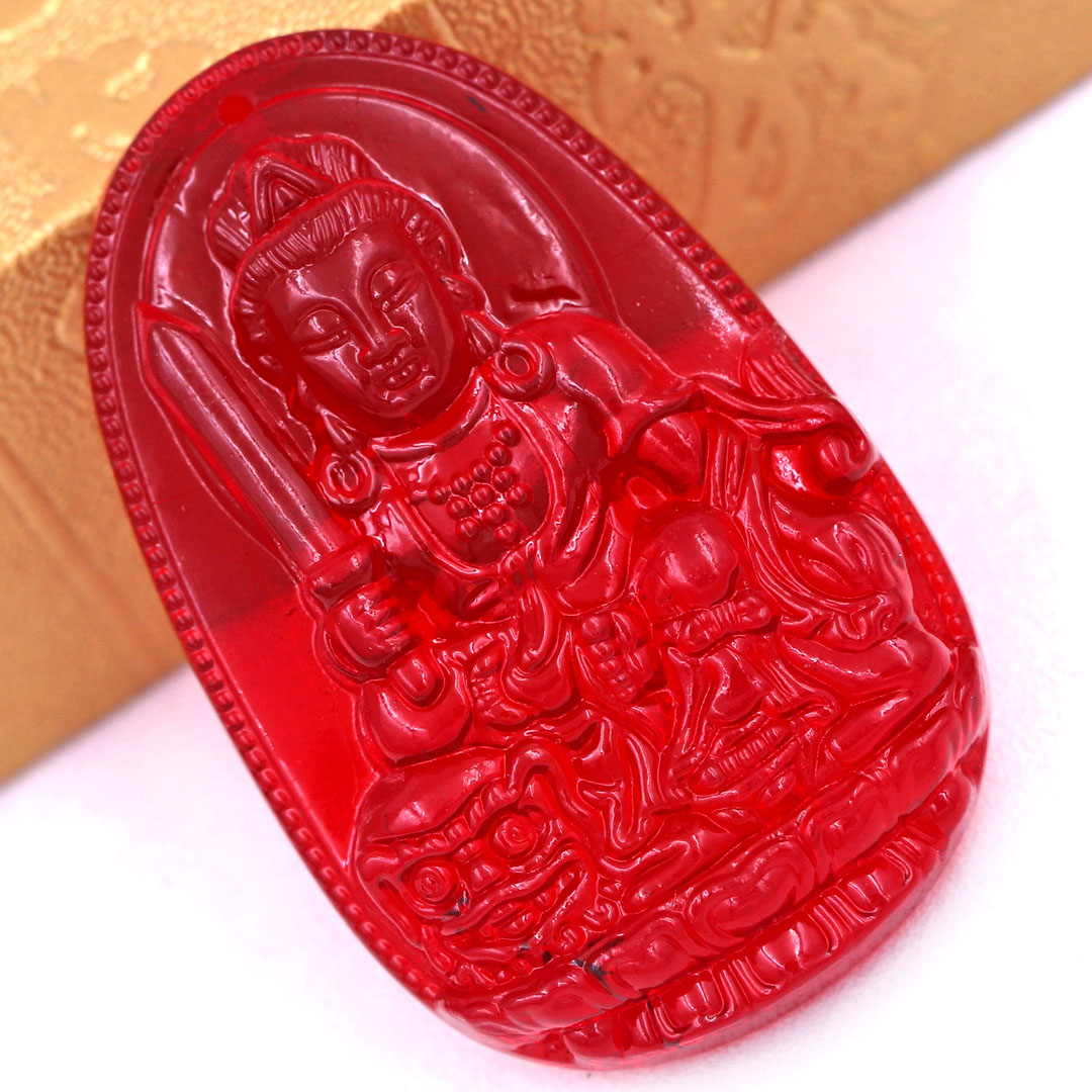 Mặt Phật Văn thù 5 cm  pha lê đỏ kèm móc và dây chuyền inox, Mặt Phật bản mệnh