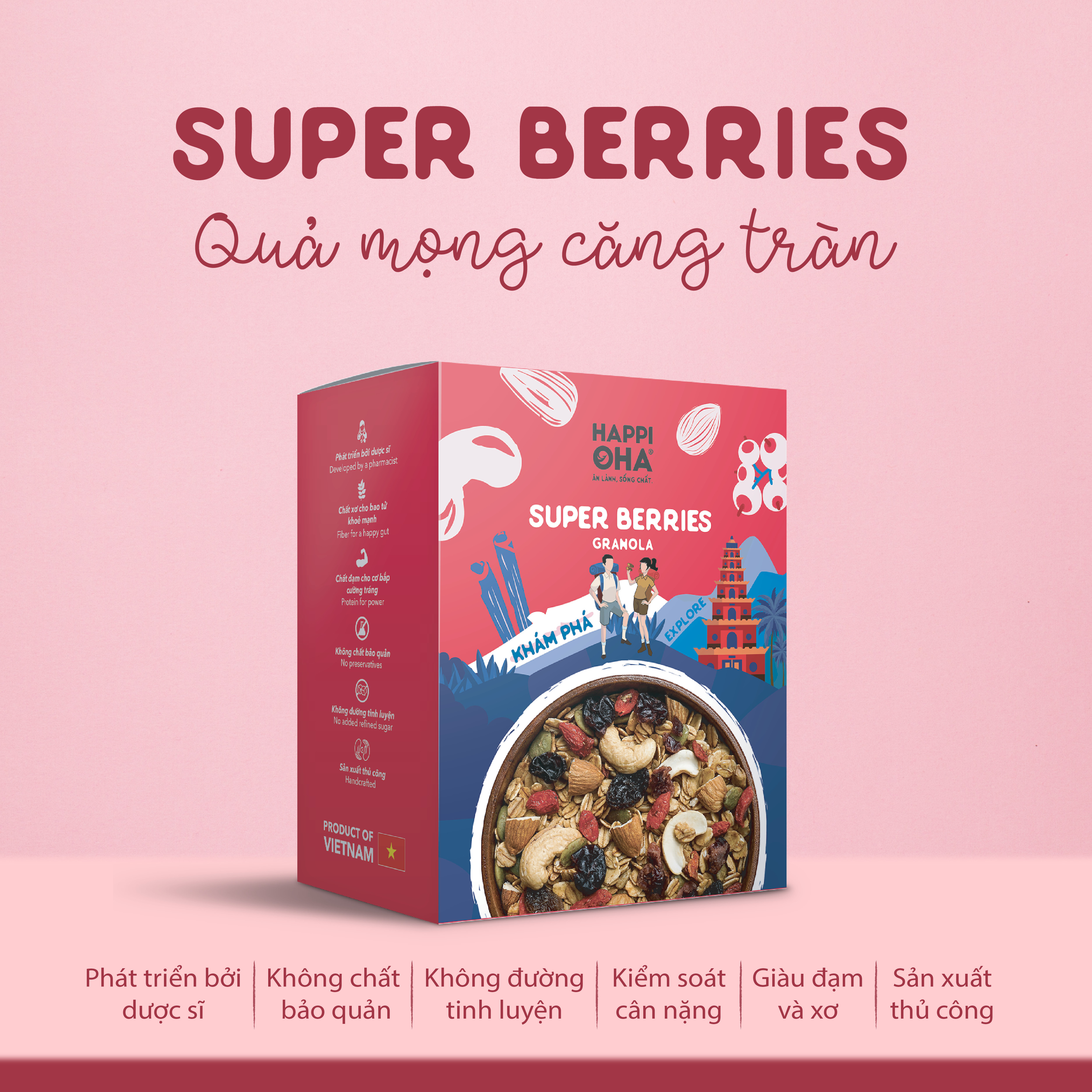 Ngũ Cốc Yến Mạch Nguyên Hạt Vị Quả Mọng 400G Không Đường Tinh Luyện - SUPER BERRIES GRANOLA HAPPI OHA - Ăn Kiêng/Ăn Sáng (Có Quả Khô)