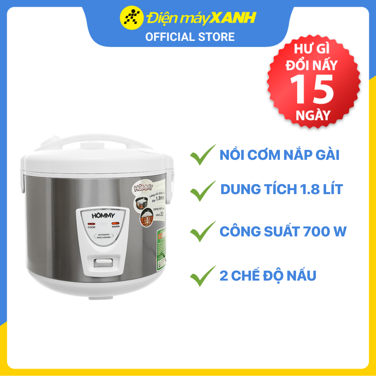 Nồi cơm điện nắp gài Hommy 1.8 lít JRC-180K - Hàng chính hãng