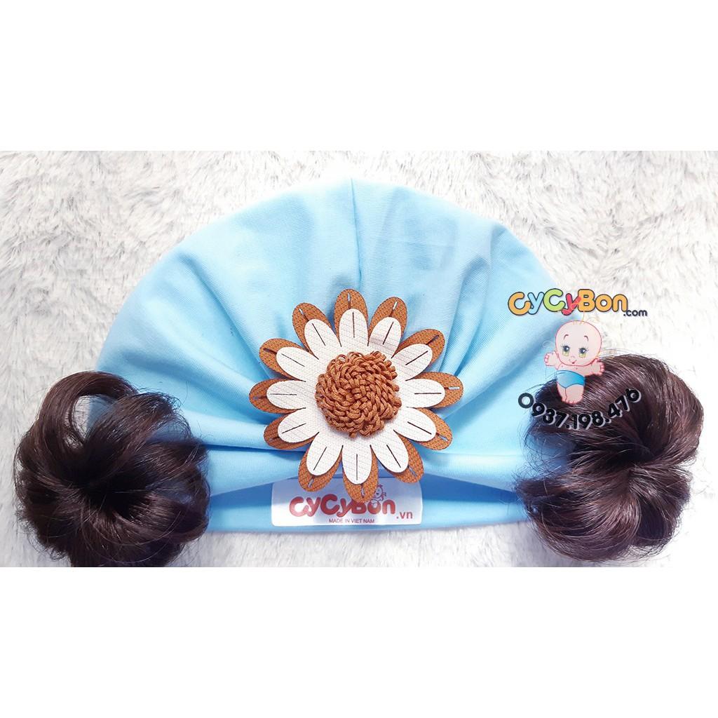 Nón Mũ Turban Chất Cotton Tóc Giả  Màu Xanh Đính Bông Cúc Cho Bé Gái - Có Size Từ Sơ Sinh !