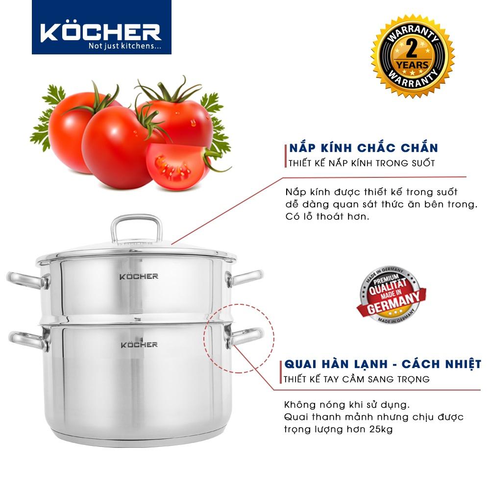 Xửng hấp, nồi hấp 2 tầng đa năng inox 304 5 đáy cao cấp KOCHER dày dặn size 24cm tiện dụng - Hàng chính hãng