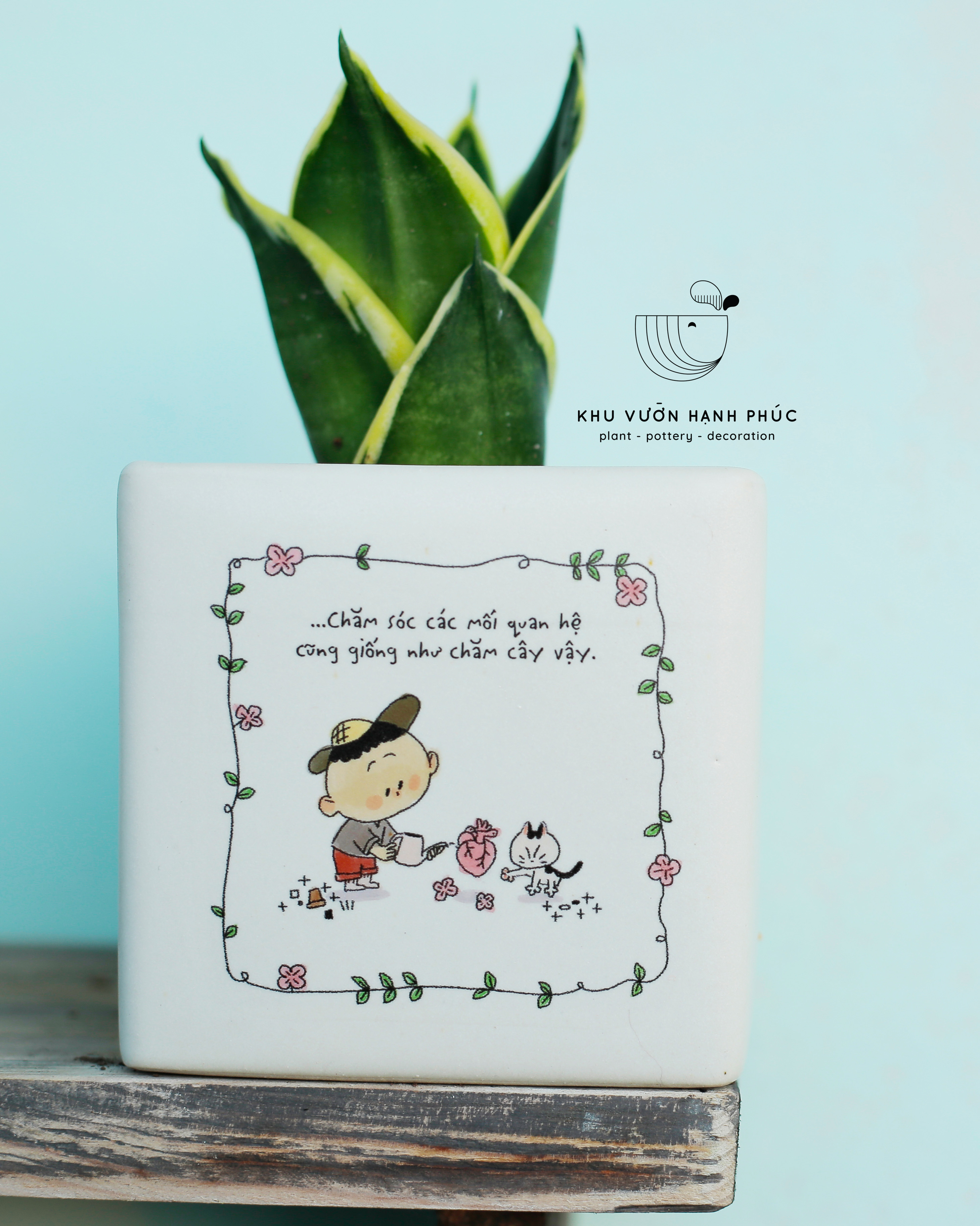 Chậu trồng cây decor để bàn men gốm in ảnh " Chuyện của Vườn" - Chậu trồng cây quà tặng- KVHP