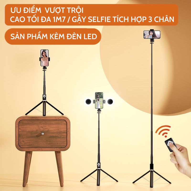 Tripod mini - Gậy chụp ảnh - gậy tự sướng bluetooth không dây BT11 Selfie stick Tripod CAO1,7 mét kèm đèn led và điền khiển chụp ảnh từ xa - Giao màu ngẫu nhiên - Hàng Chính Hãng