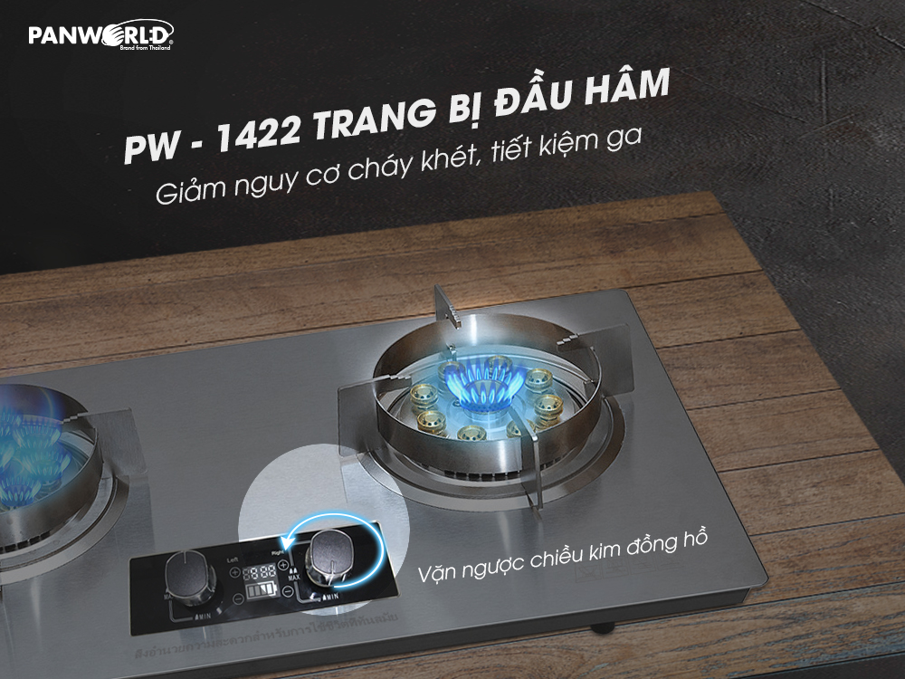 Bếp gas đôi 9 đầu đốt thép không gì Panworld PW-1422 - Hàng chính hãng