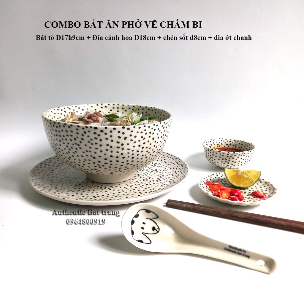 (COMBO) Bát tô sứ ăn phở vẽ tay thủ công - Tô 17H9cm + Dĩa D18cm + chén Sốt D8 + đĩa chanh ớt d9cm Authentic bat trang