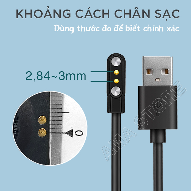 Dây sạc Đồng hồ Thông minh 2.84mm -3mm Dành cho W26, Beu, Pebble, LS và các loại khác có cùng khoảng cách chân sạc Hàng nhập khẩu